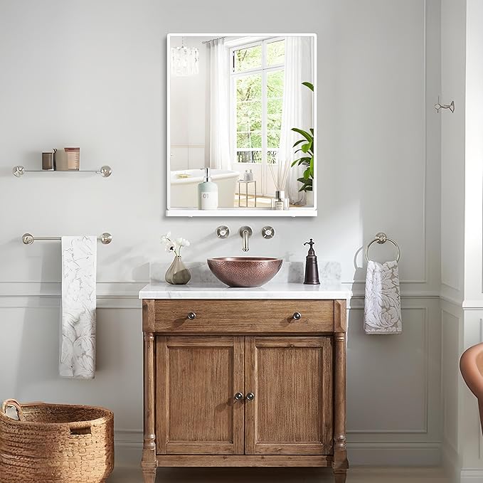 Bathroom Mirror with Shelf, White Rectangle Wall Mirror Metal Frame, Hanging Horizontal or Vertical (24'' X 20'')