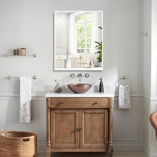 Bathroom Mirror with Shelf, White Rectangle Wall Mirror Metal Frame, Hanging Horizontal or Vertical (24'' X 20'')