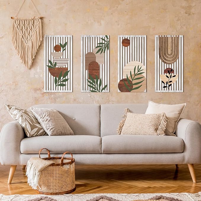 Yuntau 4 Pcs Boho Wooden Wall Art Plant Wall Sculptures Abstract Minimalist Wall Decor Geometric Sun Rainbow Painting Home Decor Print for Living Room Bedroom Office(Cute)