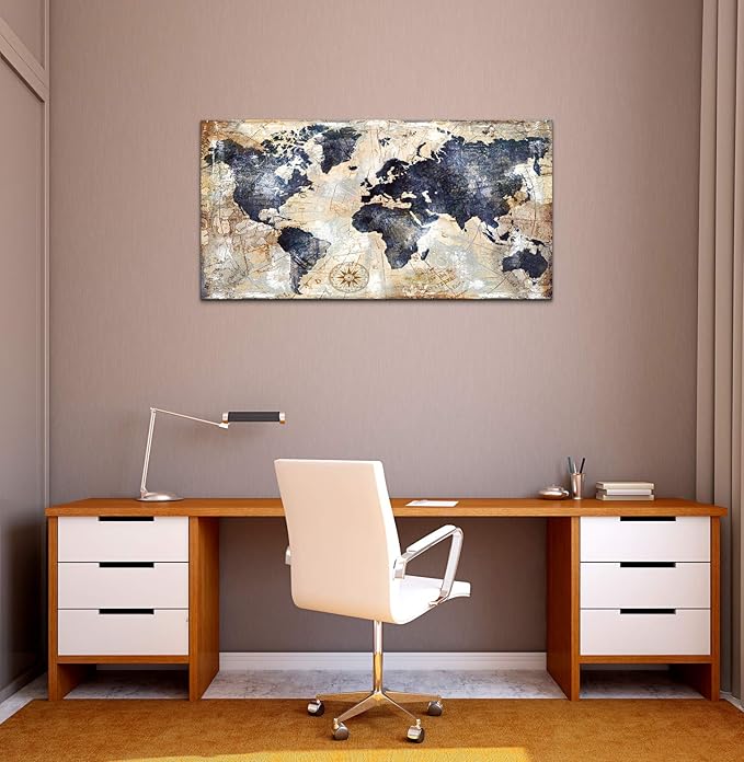 Framed Vintage World Map Canvas Wall Art Navy Blue and Tan Rustic Distressed Style Large Horizontal Print for living Room Bedroom Dining Office Home Artwork Size 36 x 70 in