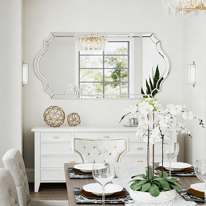 Chende Double Arch 59"x30" Frameless Beveled Decorative Wall Mirror, Elegant Large Living Room Mirror with Solid Wood Backboard, Horizontal Vertical Hanging for Entryway Bathroom Dining Room, Unique