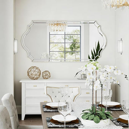 Chende Double Arch 59"x30" Frameless Beveled Decorative Wall Mirror, Elegant Large Living Room Mirror with Solid Wood Backboard, Horizontal Vertical Hanging for Entryway Bathroom Dining Room, Unique