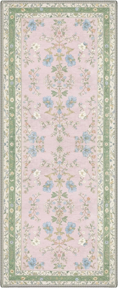 GENIMO Runner Rug 2x5 Non Slip Machine Washable Vintage Hallway Runner Rug, Low Pile Lightweight Rugs for Entryway, Hallway, Kitchen and Corridor, Light Green Pink
