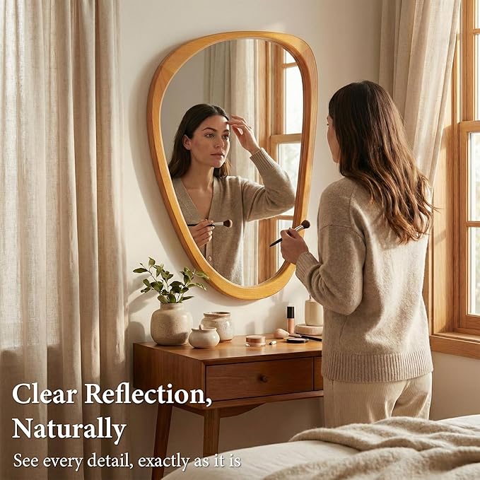 Solid Wood 30"x20" Irregular Asymmetrical Mirror, Japandi Boho Organic Shaped Decorative Accent Mirror, Small Natural Honey Walnut Wooden Wall-Mounted Mirror, Warm Walnut