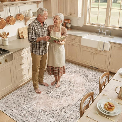 Area Rug 4x6 Vintage Rug: Washable Indoor Medallion Rugs Low Pile Distressed Floor Carpet Retro Accent Rug for Living Room Bedroom Kitchen Dining Table Home Office(Distressed Brown, 4'x6')