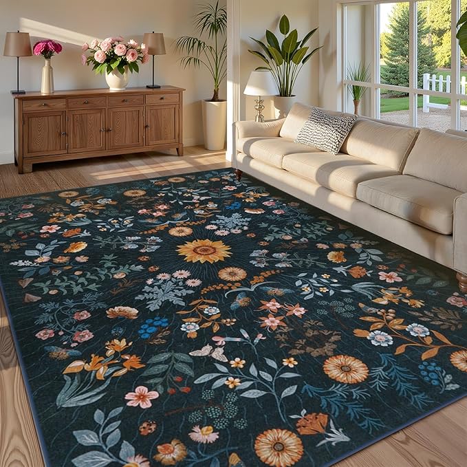 LIVEBOX Sunflower Botanical Washable 8x10 Area Rugs, Blue Rug for Living Room, Non Slip Rugs for Bedroom, Boho Floral Indoor Throw Dining Room Carpet for Under Table Home Office Nursery Playroom