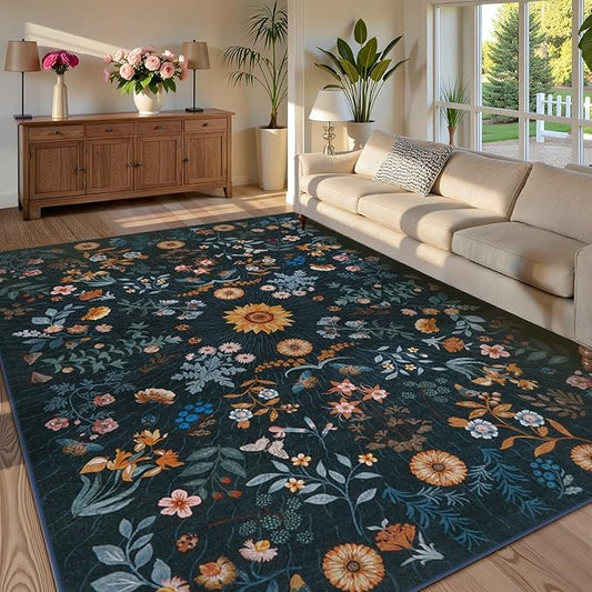 LIVEBOX Sunflower Botanical Washable 8x10 Area Rugs, Blue Rug for Living Room, Non Slip Rugs for Bedroom, Boho Floral Indoor Throw Dining Room Carpet for Under Table Home Office Nursery Playroom