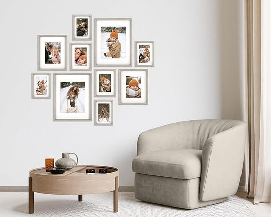10 Piece Shadow Box Style Gallery Wall Frame Set – Deep Photo Frame Set with Mat for 8x10, 5x7 and 4x6 - Multiple Sizes Picture Frame Set for Wall Collage – Assorted Picture Frames for Wall (Gray)