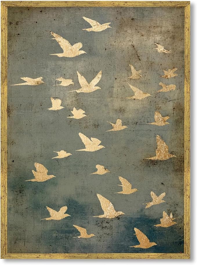 Large Gold Framed Flock of Flying Birds Canvas Wall Art Modern Japandi Minimalist Spiritual Home Decor Vintage Teal Bird Poster Painting Prints Retro Abstract Animal Pictures Artwork 24x36inch