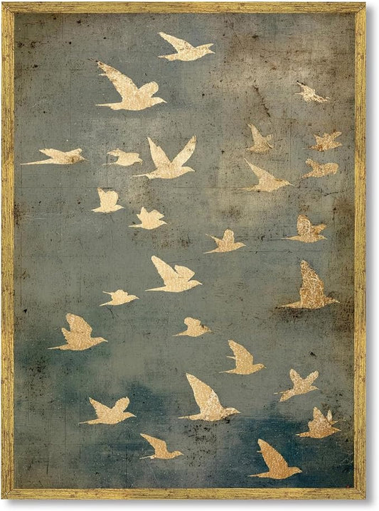 Large Gold Framed Flock of Flying Birds Canvas Wall Art Modern Japandi Minimalist Spiritual Home Decor Vintage Teal Bird Poster Painting Prints Retro Abstract Animal Pictures Artwork 24x36inch