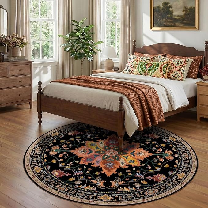 RELEANY Area Rugs Round 7ft Washable Non-Slip, Floral Vintage Distress Print Pattern Medallion Carpet for Living Room Bedroom Dining Room, Black Colorful Floral Dark Tan