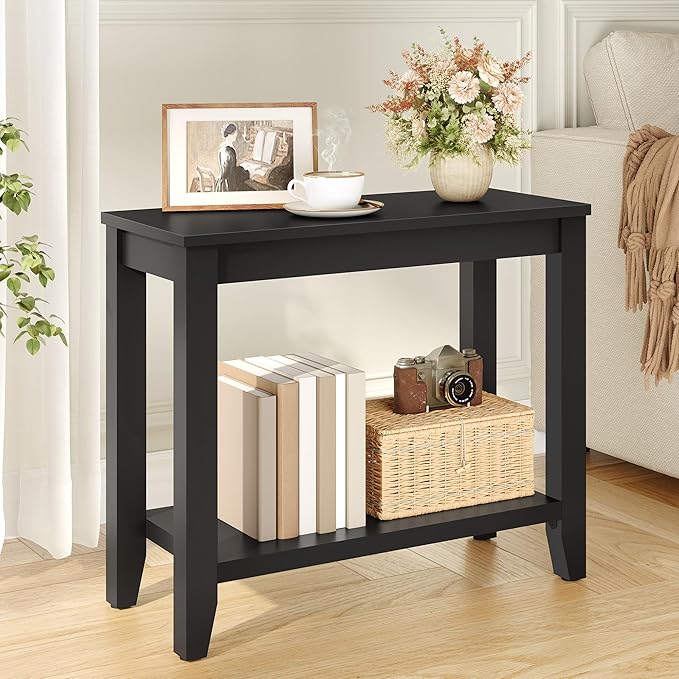 Hoctieon End Table with Double Storage Shelves, Sturdy Wooden Side Table for Living Room, Bedroom, Modern Nightstand Sofa Table for Small Spaces, Black