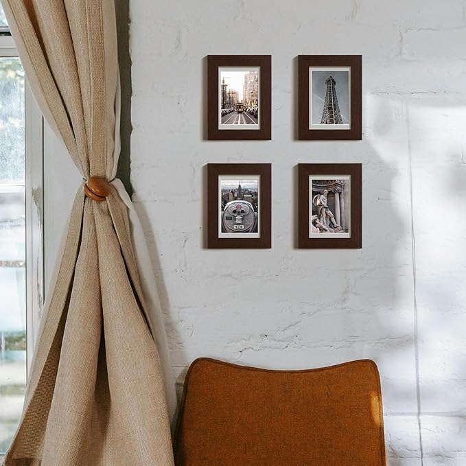Momentworth 4x6 Picture Frame with Mat for 3.5x5, Walnut Wood Grain Dark Brown Gallery Wall Picture Frames for Tabletop or Wall Mounting(4 Pack, Walnut)