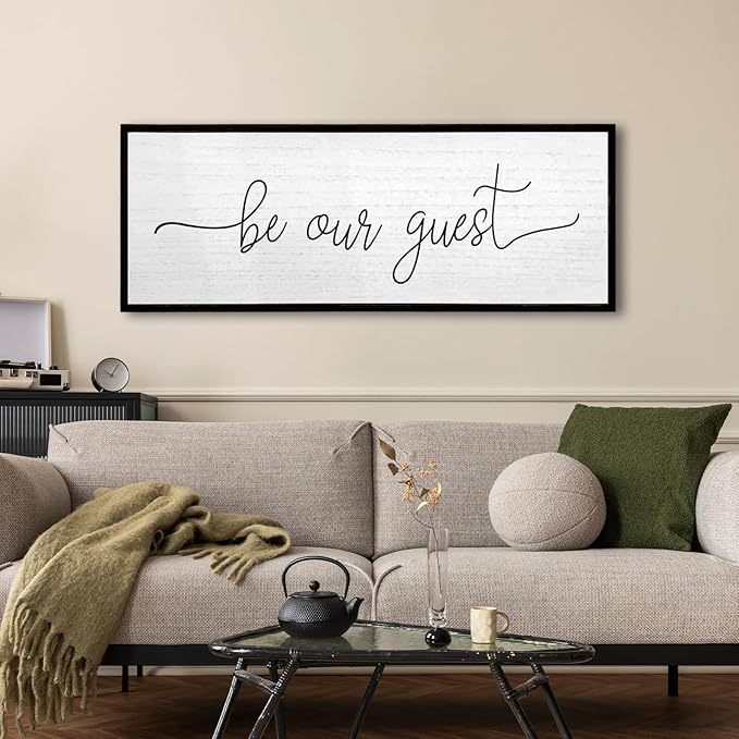 Be Our Guest Wall Decor Sign 32''×12'' Large Rustic Farmhouse Family Guest Room Bedroom Above Bed Vintage Framed Wooden Wall Art Modern Signs Simple Entryway Hanging Decoration (Black)