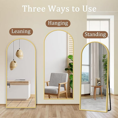 GlasFlength Full Length Mirror with Stand - 56" x 19" Arched Aluminum Alloy Frame Full Body Mirror, Standing Hanging or Leaning Wall Floor Mirror for Bedroom Living Room Entryway, Gold
