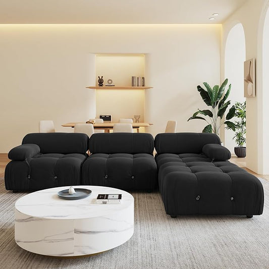 104'' Modular Sectional Couch, L-Shaped Velvet Bubble Couch with Reversible Chaise Ottoman, Modern Black Sectional Couches for Living Room, Apartment (3 Seats, 1 Ottoman, Black)