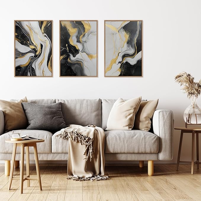 HLNIUC Abstract Minmalist Wall Art,Flow Marble Wall Art,Black White Gold Artwork,Modern Neutral Framed Decor Textured,Luxury Artwork Canvas,Marble Line Prints for Living Room Bedroom Office16x24x3