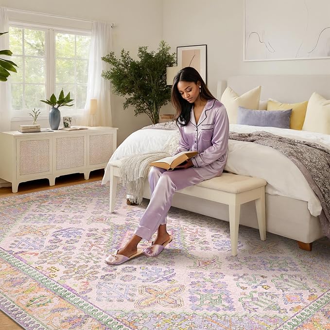 4x6 Area Rugs for Living Room, Machine Washable Low Pile Rug, Non Slip Backing Boho Rugs for Bedroom, Printed Soft Vintage Carpet Lilac Lavender Purple 4 x 6