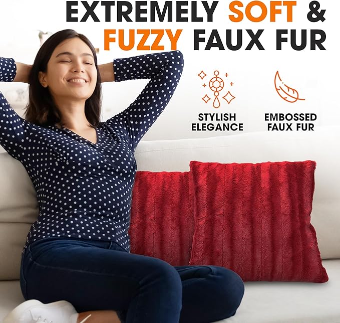 Cheer Collection Faux Fur Throw Pillows - Decorative Pillows for Couch, Bed Throw Pillows, Maroon Accent Pillows for Bedroom or Living Room Aesthetic, Set of 2 Furry Throw Pillows, 24" x 24"