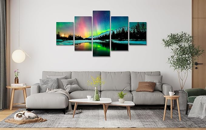 Aurora Borealis Canvas Wall Art Northern Lights Canvas Print Painting for Living Room Snowy-Mountains-Landscape Poster Picture Wooden Framed Prints Ready to Hang (aurora borealis decor17, 70Wx40H)