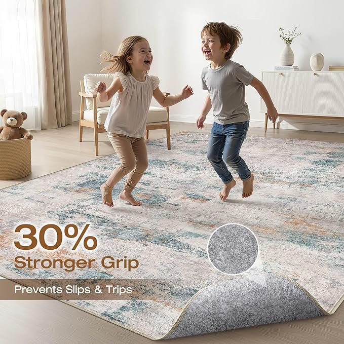 6x9 Area Rugs Living Room: Washable Large Neutral Aqua Brown Rug Abstract Soft Modern Stain Resistant Indoor Floor Non-Slip Carpet for Bedroom Nursery Kids Office Playroom Dining Room Under Table