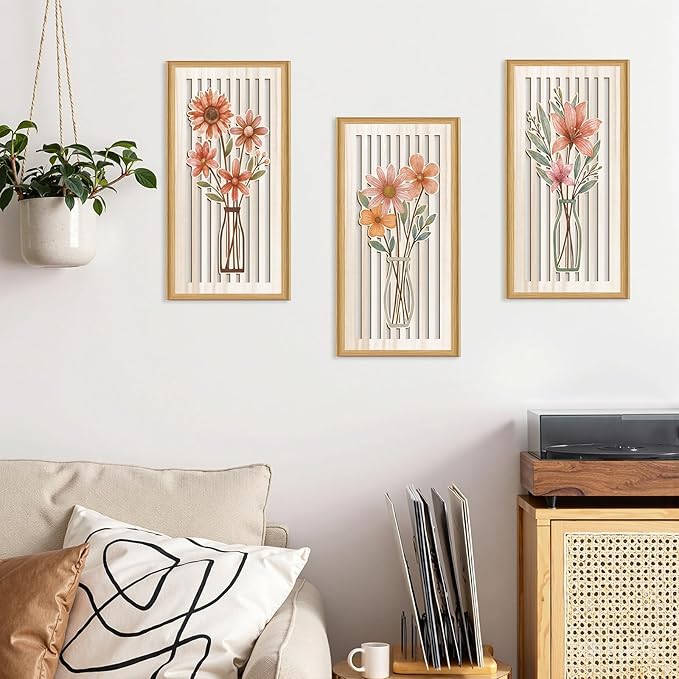 Celestdeco 3 Pcs Boho Flower Market Wall Decor Floral Botanical Modern Wood Wall Art Bohemian Floral Hanging Decor Abstract Minimalist Wooden Art for Living Room Bedroom Office 7.9 x15.8 Inch