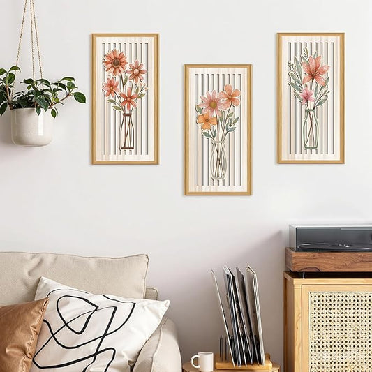 Celestdeco 3 Pcs Boho Flower Market Wall Decor Floral Botanical Modern Wood Wall Art Bohemian Floral Hanging Decor Abstract Minimalist Wooden Art for Living Room Bedroom Office 7.9 x15.8 Inch