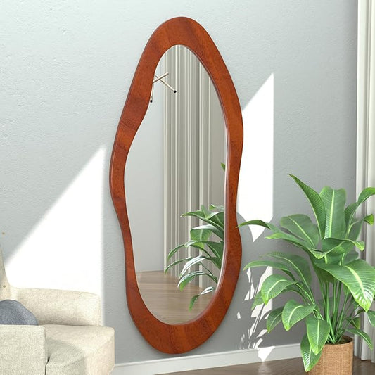 55"x 24" Irregular Wavy Full Length Mirror Brown Wooden Framed Full Body Mirror Irregular Wall Mirrors Hanging for Bedroom Living Room Cloakroom Walnut Brown Color