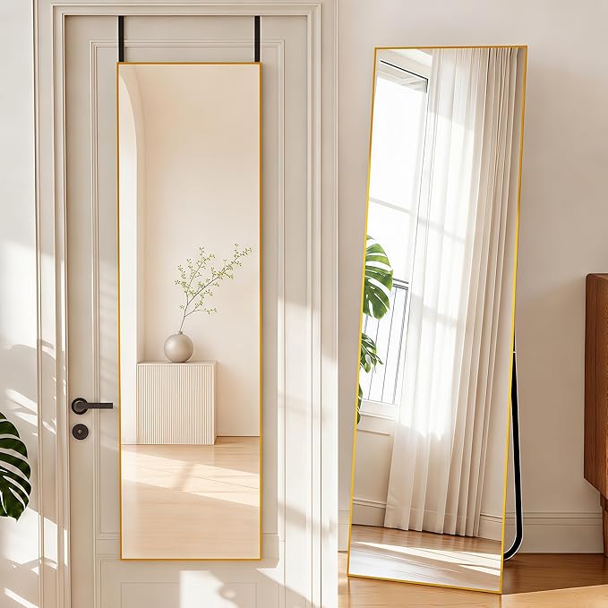 NARCISSUS 57x16 Mirror Door Hanging Full Length Body with Floor Stand or Wall Mounted Metal Aluminum Frame Tempered Glass Rectangle Mirrors for Bedroom Dressing Living Room Bathroom 57 inch Gold