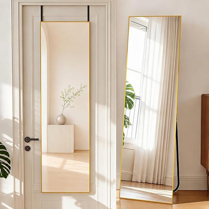 NARCISSUS 57x16 Mirror Door Hanging Full Length Body with Floor Stand or Wall Mounted Metal Aluminum Frame Tempered Glass Rectangle Mirrors for Bedroom Dressing Living Room Bathroom 57 inch Gold