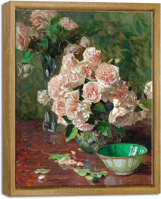 Pyradecor Framed Canvas Wall Art Vintage Living Room Decor White Roses Canvas Prints Mid Century Wall Art for Bedroom Office Farm House Kitchen Decorations