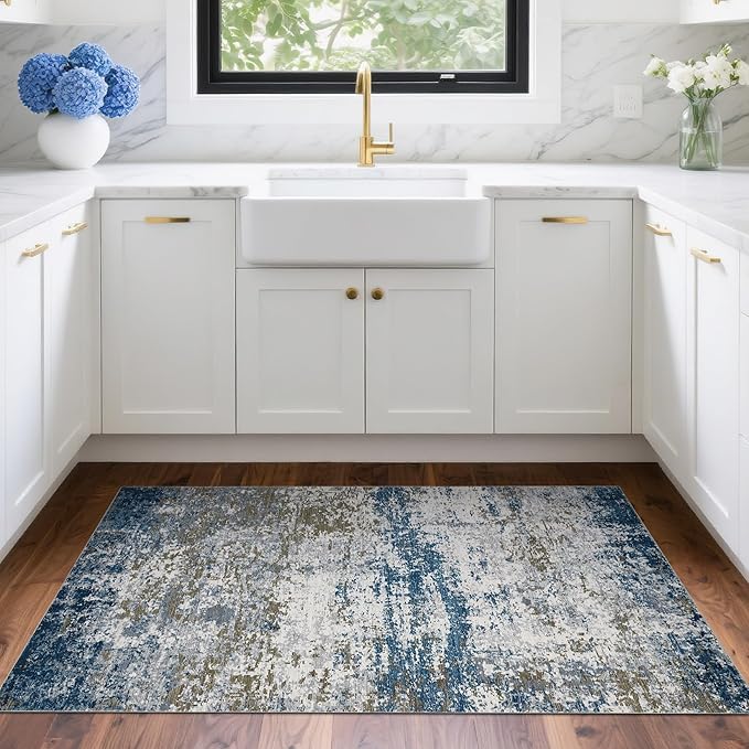 ROYHOME Modern Abstract 2x3 Area Rug Non Slip Non Shedding Low Pile Stain Resistant Rug for Entryway Kitchen Bedroom,Navy