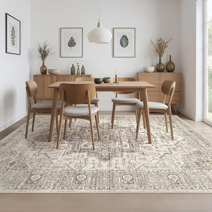 Area Rug 5x8 Washable Vintage - Soft Traditional Rugs for Living Room Large Non Slip Backing with Low Pile Farmhouse Oriental Retro Carpet for Bedroom Dining Room or Home Office - Light Brown