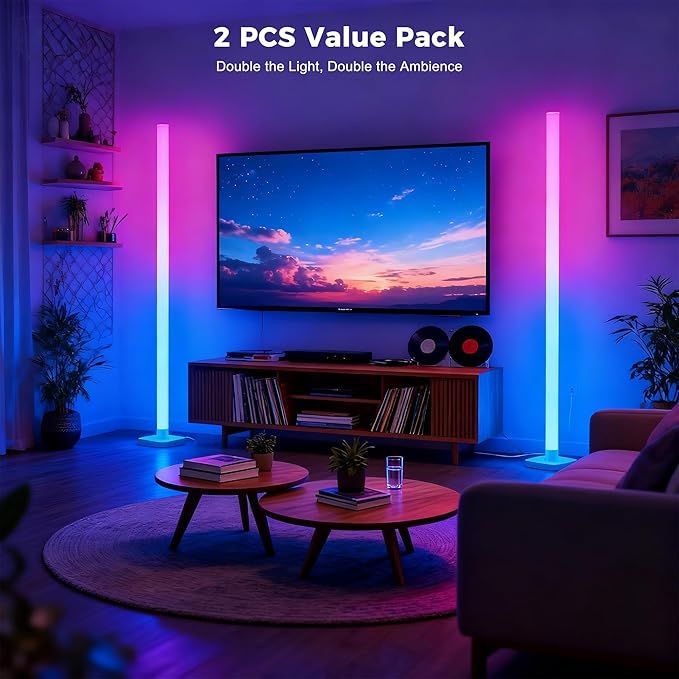 Flupuro 2 Pack DIY Corner Floor Lamps, ICRGB Floor Lamp with Music Sync and 16 Million Colors, Color Changing Standing Floor LED Lights for Bedroom Living Room Decor, Ambient Mood Lighting Gaming