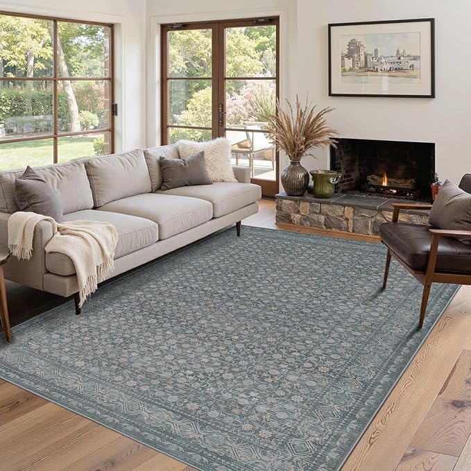 Rugxara Washable Area Rug for Living Room, Vintage Boho Rugs for Office, Dining Room, Kids Room, Farmhouse, Durable Low Pile Non Slip Carpet for High Traffic Areas, Soft Blue(4x6 ft)