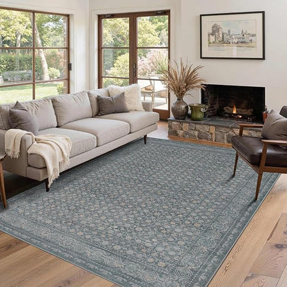 Rugxara Washable Area Rug for Living Room, Vintage Boho Rugs for Office, Dining Room, Kids Room, Farmhouse, Durable Low Pile Non Slip Carpet for High Traffic Areas, Soft Blue(4x6 ft)