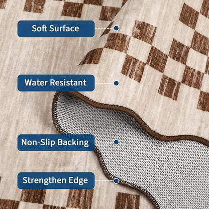 Washable Runner Rug 2x10 Modern Bordered Hallway Runner Rug Non Slip Kitchen Throw Carpet Checkered Bathroom Entryway Runner Rugs Low Pile Solid Area Rugs for Living Room Bedroom Nursery Sink, Beige