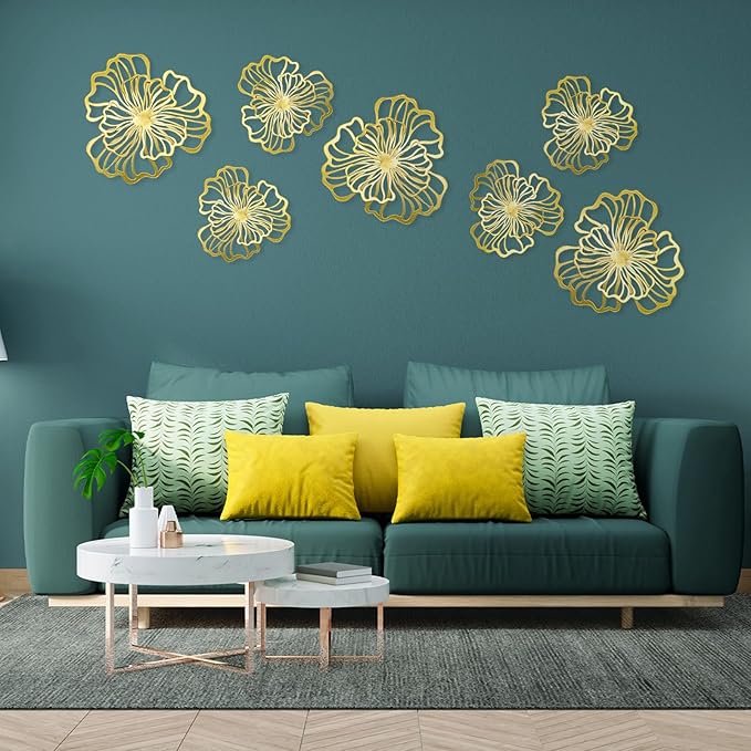 7 Piece Metal Wall Decor for Living Room, Boho Double Layered Iron Flower Wall Hanging Art, Aesthetic Indoor Metal Wall Sculpture Decor for Bedroom Kitchen Bathroom Farmhouse Home Office, Gold