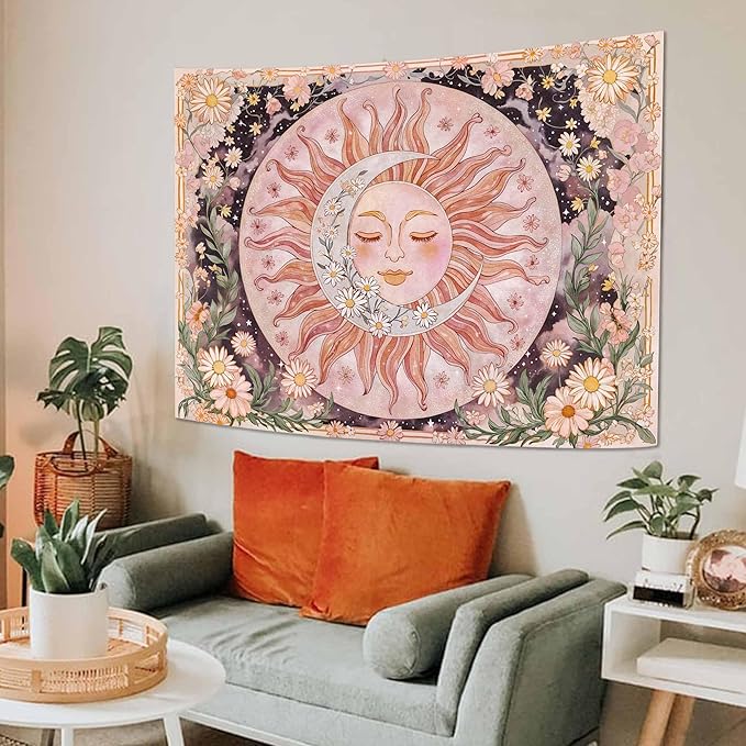 Neasow Sun Moon Daisy Tapestry, Boho Aesthetic Floral Wall Art, Pink Hippie Decor for Living Room Bedroom Home, 44x60 inches