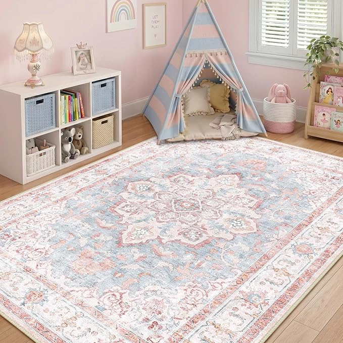 CAPALOCA Machine Washable Rugs Nursery Rug 5x8 Cute Girl Non Slip Low Pile Water Repellent Soft Print Pattern for Bedroom Indoor Decor Kids Playroom Pink Blue