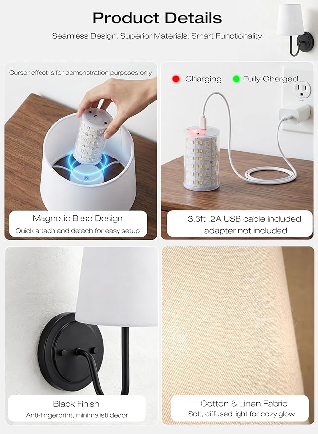 CLOUDY BAY 10000mAh Battery Operated Wall Sconces,Up to 100 Hours with Rechargeable RGB Dimmable Magnetic Bulb,Cordless Wall Lighting Fixtures with Remote for Bedroom,Black,2 Pack-12inch