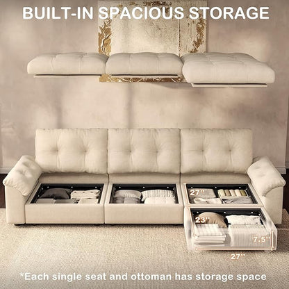 Oversized Modular Sectional Sofa with Storage, Modern Deep Seat Cloud Couch for Living Room, L-Shaped Large Sectional Couch, 3 Seater, Beige