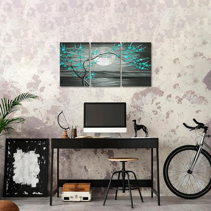 iKNOW FOTO 3pcs Grey and Teal Floral Canvas Prints Framed Plum Blossom Tree Oil Painting Printed on Canvas Gallery Wrapped Full Moon Flower Pictures Living Room Traditional Paintings 16x24x3pcs