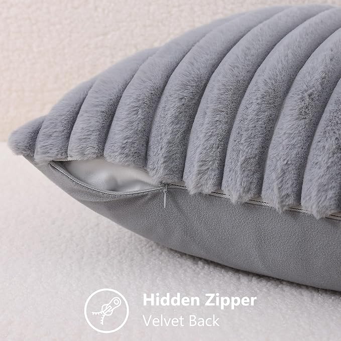 decorUhome Cozy Faux Fur Throw Pillow Covers 22x22 Set of 2 Decorative Soft Plush Striped Modern Farmhouse Boho Couch Euro Sham Pillow Cases with Velvet Back for Sofa Bed Living Room, Grey