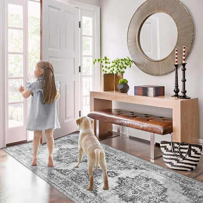 Area Rug 2x6 Runner Rugs: Washable Vintage Hallway Rug Indoor Medallion Rugs Low Pile Distressed Floor Carpet Retro Accent Rug for Kitchen Bedroom Bathroom Dining Room(Black, 2'x6')