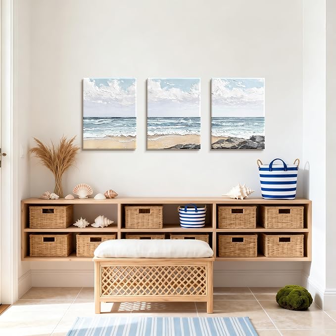 WENGTIAO Beach Canvas Wall Art Prints Set of 3 Coastal Seaside Wall Paintings Abstract Seascape Photos Pictures Blue Ocean Artwork for Home Decor Living Room Bedroom Office 12”x16”x3