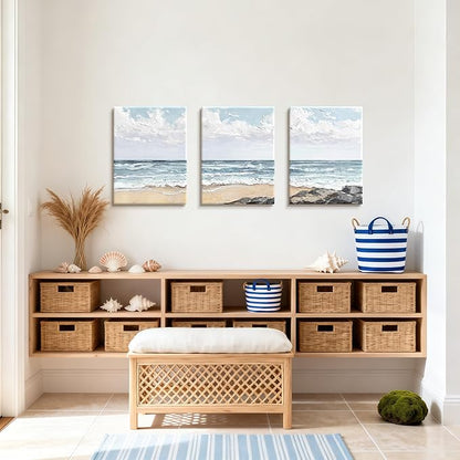WENGTIAO Beach Canvas Wall Art Prints Set of 3 Coastal Seaside Wall Paintings Abstract Seascape Photos Pictures Blue Ocean Artwork for Home Decor Living Room Bedroom Office 12”x16”x3
