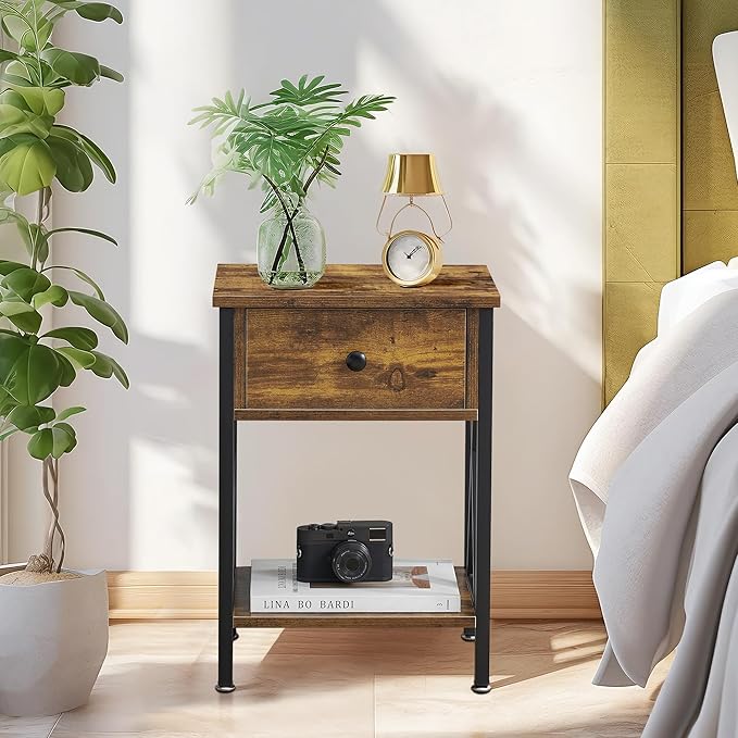 VECELO End Tables, Modern Nightstand with Drawer & Shelf, Night Stand for Bedroom Living Room,Industrial Metal Frame
