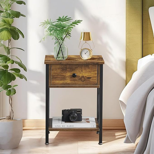 VECELO End Tables, Modern Nightstand with Drawer & Shelf, Night Stand for Bedroom Living Room,Industrial Metal Frame
