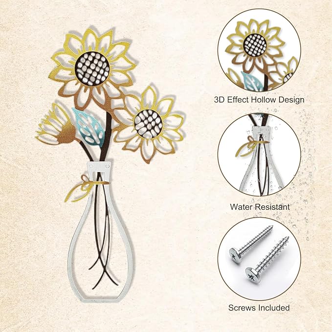 3 Pcs Metal Flowers Wall Decor Rustic Farmhouse Decor Sunflower Minimalist Wall Art Decors for Bathroom Kitchen Living Room Bedroom Office Housewarming Gifts (Beige)